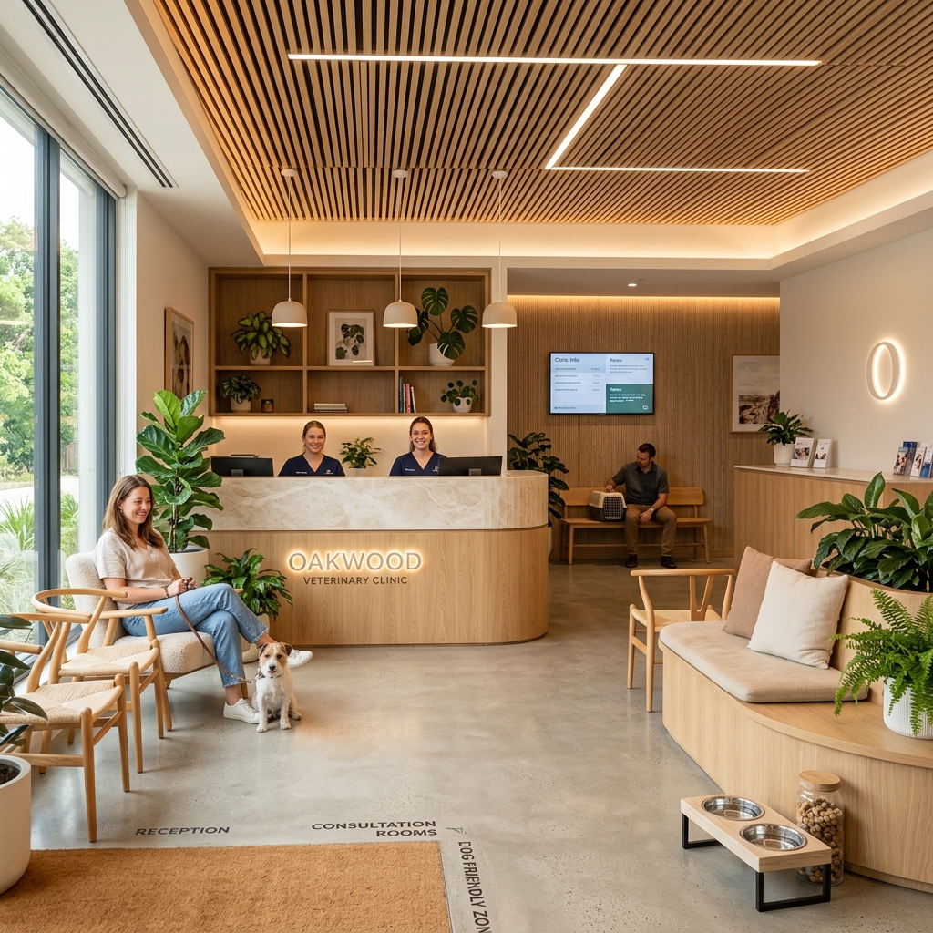Recepção moderna, limpa e acolhedora com decoração amigável