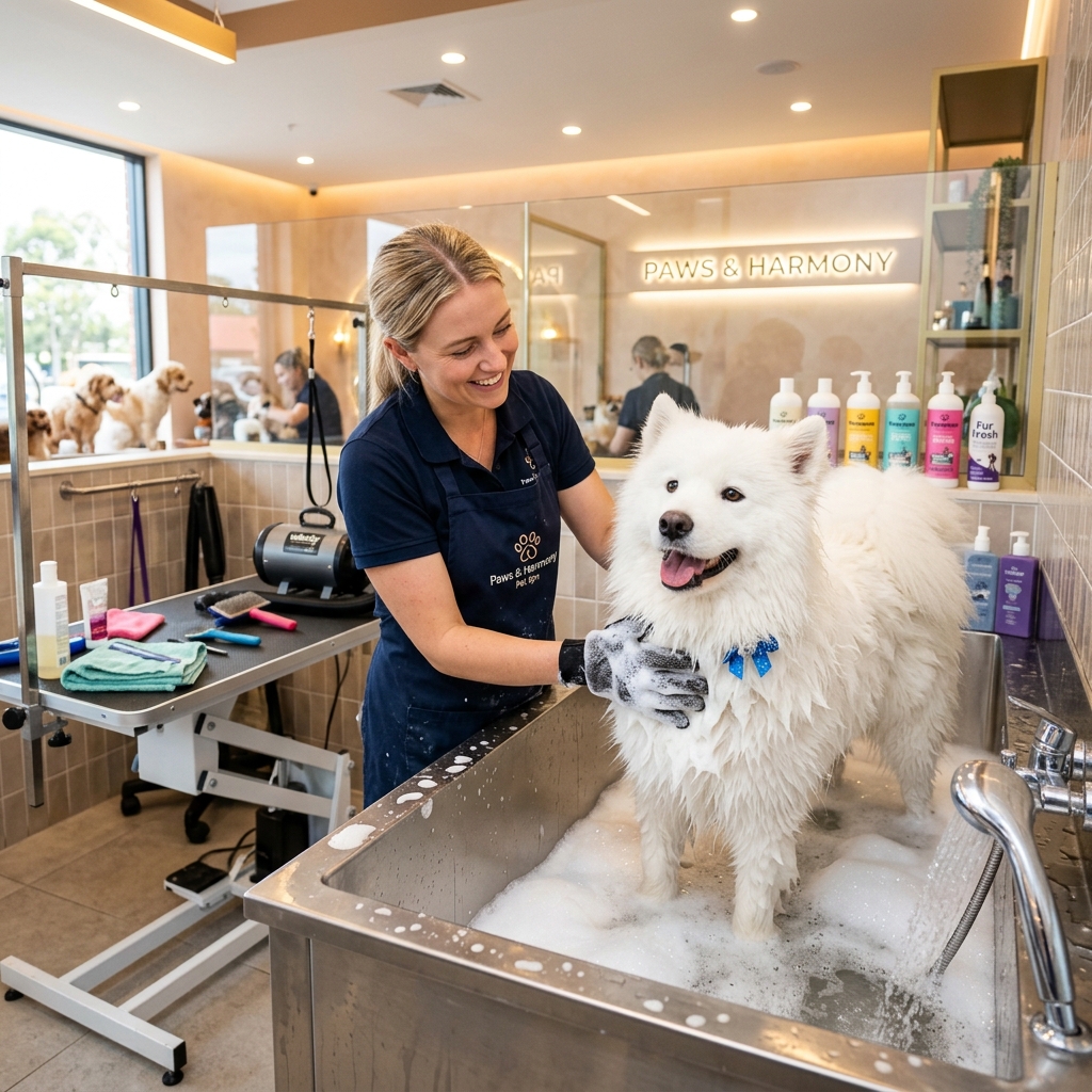 Cachorro da raça Samoyed tomando banho espumoso em banheira pet shop