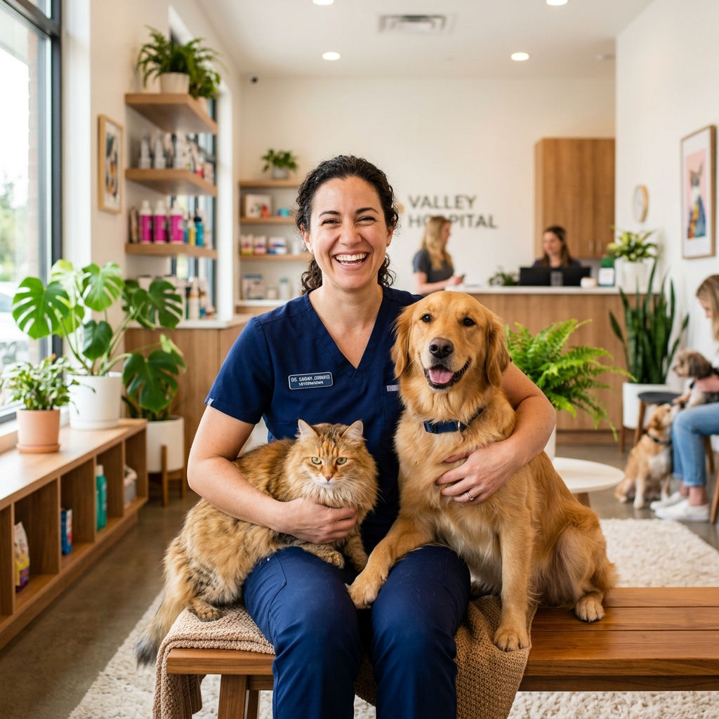 Veterinária atenciosa segurando um cachorro golden retriever e um gato em consultório moderno
